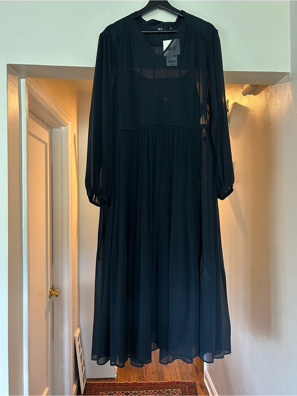 Dark Navy Sheer Pleated Midi Dress